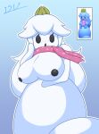  absurd_res areola big_breasts black_areola blue_background blush breasts elemental_creature female hair hi_res huge_breasts i3i2455_ivi394 leaf long_hair mario_bros mineral_fauna mostly_nude nintendo nipples open_mouth princess_peach scarf scarf_only simple_background snow snow_creature snowman solo white_body white_hair 