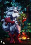  abs anthro balls big_balls big_muscles big_penis black_hair blue_body blue_fur blue_hair campfire campfire_cooking_in_another_world_with_my_absurd_skill canid canine canis clothed clothed/nude clothed_male_nude_male clothing duo fel_(fenrir) food fur genitals hair hi_res holding_partner human human_on_anthro interspecies larger_anthro larger_male long_hair male male/male mammal mukoda_tsuyoshi multicolored_body multicolored_fur muscular nexus night nipples nude open_mouth pecs penis red_body red_fur signature size_difference white_body white_fur wolf 