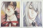  2boys artist_name black_hair black_jack_(character) black_jack_(series) black_necktie blue_background blue_eyes border closed_mouth collared_shirt dated eyepatch grey_hair hair_over_one_eye highres kin2401y kiriko_(black_jack) light_smile long_hair long_sideburns male_focus multicolored_hair multiple_boys neck_ribbon necktie painting_(medium) parted_lips patchwork_skin portrait red_background red_eyes red_ribbon ribbon scar scar_on_face shirt short_hair sideburns sideways_glance simple_background split-color_hair traditional_media two-tone_hair watercolor_(medium) white_border white_hair white_shirt yellow_background 