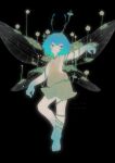  1girl absurdres antennae arthropod_girl artist_name bare_legs barefoot black_background blue_eyes blue_hair closed_mouth colored_skin dated dress english_commentary flat_chest flower full_body glowing hand_up highres insect_wings looking_at_viewer multicolored_skin original plant shieriru short_dress short_hair simple_background sleeveless sleeveless_dress solo standing standing_on_one_leg two-tone_skin vines wings 