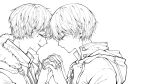  2boys baihua_er closed_eyes dao_mu_bi_ji face-to-face forehead-to-forehead from_side fur-trimmed_jacket fur_trim happy_tears heads_together highres holding_hands hood hooded_jacket jacket lineart male_focus monochrome multiple_boys profile short_hair tears upper_body wu_xie_(daomu_biji) yaoi zhang_qiling 