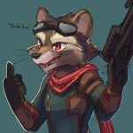  1:1 anthro black_nose brown_body brown_fur cheek_tuft clothed clothing facial_tuft fangs fur gesture glistening glistening_eyes gun half-length_portrait hi_res holding_gun holding_object holding_weapon kuttoyaki male mammal middle_finger open_mouth open_smile portrait procyonid raccoon ranged_weapon red_eyes scarf signature simple_background smile solo teeth topwear tuft weapon whiskers 