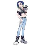  1girl blue_hair breasts brown_eyes camera denim green_hair highres holding holding_camera jeans looking_at_viewer midriff multicolored_hair navel official_art open_mouth pants perrin_(pokemon) pokemon pokemon_(game) pokemon_sv short_hair smile solo stomach torn_clothes torn_jeans torn_pants 