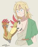 1boy artist_name belt blonde_hair dated earrings highres jewelry kichihachi link long_hair male_focus pointy_ears scryed shell_bullet shoulder_spikes spikes the_legend_of_zelda the_legend_of_zelda:_tears_of_the_kingdom toga 