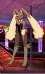  absurd_res anthro brown_body brown_fur bunny_costume clothed clothing collar costume female fur generation_4_pokemon hand_behind_head hand_on_leg hi_res leotard looking_at_viewer lopunny nikku_lunatique nintendo pink_eyes pokemon pokemon_(species) pole seductive smile solo strip_club stripper_pole 