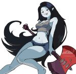  2023 adventure_time bite_mark bite_mark_on_neck black_hair blush bottomwear breasts cartoon_network clothed clothing female grey_body grey_skin guitar hair half-closed_eyes hi_res humanoid humanoid_pointy_ears long_hair marceline_abadeer midriff musical_instrument narrowed_eyes navel not_furry plucked_string_instrument shirt shorts simple_background smile solo string_instrument tank_top tongue tongue_out topwear wersman white_background 
