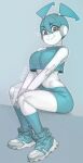  1girl android aqua_hair character_name closed_mouth colored_skin crop_top highres jenny_wakeman joints kelvin_hiu looking_at_viewer metal_skin my_life_as_a_teenage_robot robot robot_joints screw short_hair sitting skirt smile solo v_arms white_skin 