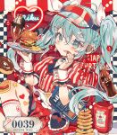  1girl absurdres aqua_eyes aqua_hair blush burger cherry closed_mouth cola commentary doughnut fingernails food french_fries fruit hair_between_eyes hair_ornament hairclip happy_birthday hatsune_miku heart heart_hair_ornament highres long_hair multicolored_nails nail_polish onion_rings red_shirt red_skirt shirt skirt smile socks solo striped striped_shirt tongue tongue_out twintails vertical-striped_shirt vertical_stripes very_long_hair vocaloid white_socks wrist_cuffs yumenouchi_chiharu 