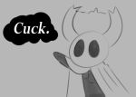  2_horns ambiguous_gender anthro black_body black_eyes cloak clothed clothing dialogue dooblebugs english_text gesture grey_background hollow_knight horn nonbinary_(lore) pointing simple_background solo team_cherry text the_knight_(hollow_knight) vessel_(species) 