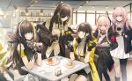  5girls :o absurdres asymmetrical_legwear black_coat black_gloves black_hair black_neckerchief black_pantyhose black_shirt black_skirt black_socks brown_eyes cafe cake cake_slice character_request coat coffee_cup cup disposable_cup dress eyepatch food fork girls&#039;_frontline gloves highres holding holding_cup holding_tray indoors lanyard long_hair looking_at_another menu_board multiple_girls neckerchief off_shoulder official_art official_wallpaper one_eye_covered open_mouth pantyhose pink_hair plate red_armband red_eyes shirt single_leg_pantyhose single_sock sitting skirt sleeveless sleeveless_shirt smile socks spoon standing sweater_vest table tray uneven_legwear white_dress yellow_coat yellow_eyes yellow_shirt yellow_sweater_vest 