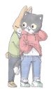  anthro blush bottomwear clothed clothing clothing_lift denim denim_clothing domestic_cat duo embrace eyes_closed fangs felid feline felis footwear hand_behind_neck happy hi_res hoodie hug jeans lagomorph leporid looking_at_another looking_at_partner male male/male mammal navel open_mouth pants rabbit rufuta_hachitani simple_background stonecoral99 teeth topwear white_background working_buddies! 