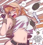  1girl andrian_januar_adilia armpit_crease baseball_cap belt blush breasts brown_eyes brown_hair brown_headwear brown_vest crop_top english_commentary english_text explosive fio_germi glasses grenade gun hat highres holding holding_gun holding_weapon large_breasts long_hair metal_slug midriff motion_blur navel one_eye_closed open_mouth ponytail pouch revolver round_eyewear shirt sleeveless sleeveless_shirt speech_bubble sweat underboob upper_body vest weapon white_shirt wrist_cuffs 