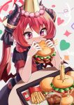  1girl absurdres blue_archive burger candle cola commentary demon_girl demon_horns demon_wings dress eating food french_fries halo hat highres holding holding_food horns junko_(blue_archive) low_wings movcat party_hat pink_eyes red_hair short_sleeves solo tearing_up twintails wings 