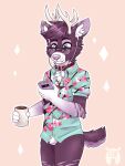  2019 aloha_shirt anthro antlers beverage black_body black_fur black_hair black_tail blue_eyes bottomless cellphone chest_tuft clothed clothing coffee coffee_cup collar container crotch_tuft cup deer eyewear fleurfurr fur glasses grey_body grey_ears grey_fur grey_inner_ear grey_nose hair headphones horn inner_ear_fluff looking_at_object looking_at_phone male mammal multi_tone_fur pattern_clothing pattern_shirt pattern_topwear phone shirt simple_background smartphone solo tail topwear topwear_only tuft two_tone_tail watermark white_body white_fur 