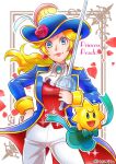  1girl 1other artist_name ascot blonde_hair blue_eyes blue_jacket brooch character_name earrings flower hand_on_own_hip hat_feather hojo_kita holding holding_sword holding_weapon jacket jewelry looking_at_viewer mario_(series) official_alternate_costume open_clothes open_jacket pants petals princess_peach princess_peach:_showtime! rapier red_flower red_rose red_vest rose rose_petals sphere_earrings stella_(peach) sword swordfighter_peach vest watermark weapon white_ascot white_pants 