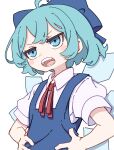  1girl absurdres blue_bow blue_dress blue_eyes blue_hair blush_stickers bow cirno collared_shirt detached_wings dress fairy hair_bow hands_on_own_hips highres ice ice_wings kame_(kamepan44231) open_mouth pinafore_dress shirt short_hair short_sleeves simple_background sleeveless sleeveless_dress solo touhou upper_body white_background white_shirt wings 