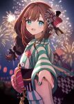  1girl absurdres aerial_fireworks alternate_costume aqua_eyes aqua_kimono aqua_nails black_bow black_flower blue_kimono blue_nails blush bow braid brown_hair festival fireworks floating_hair floral_print flower foreshortening from_side hair_bow hair_flower hair_ornament hands_up highres hitsuji_hiko_(mareep15) holding holding_hands japanese_clothes kimono kinchaku lantern long_hair long_sleeves looking_at_viewer nail_polish night nijisanji obi obi_bow official_alternate_costume open_mouth outdoors outstretched_arm paper_lantern pink_bow pink_flower pouch pov pov_hands raised_eyebrows sash sidelocks smile striped striped_bow striped_kimono summer_festival suzuhara_lulu suzuhara_lulu_(2nd_costume) two-tone_bow virtual_youtuber white_flower wide_sleeves x_hair_ornament yukata 