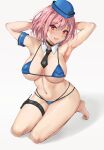  absurdres alternate_costume amagi_(amagi626) armpits barefoot bikini black_necktie blue_headwear breasts choker detached_collar highres large_breasts navel necktie pink_eyes pink_hair saigyouji_yuyuko short_hair smile swimsuit touhou wavy_hair 