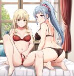  2girls absurdres ass bare_shoulders barefoot black_bra blonde_hair blue_eyes blue_hair blush bow bow_bra bow_panties bra breasts closed_mouth collarbone commentary_request curtains drill_hair feet green_eyes hair_ornament hair_scrunchie hand_on_own_crotch highres inanaki_shiki indoors kawasaki_saki knees lace lace-trimmed_bra lace_panties lace_trim large_breasts legs_apart long_hair looking_at_viewer looking_back medium_breasts miura_yumiko mole mole_under_eye multiple_girls navel on_bed panties parted_lips partially_visible_vulva pink_scrunchie ponytail red_bra red_panties scrunchie seiza sitting sweat thighs toes underwear underwear_only vase wavy_mouth window yahari_ore_no_seishun_lovecome_wa_machigatteiru. 