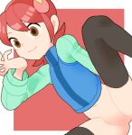  1girl aqua_shirt black_thighhighs blue_vest bottomless brown_eyes closed_mouth long_sleeves mayl_sakurai_(mega_man) mega_man_(series) mega_man_battle_network_(series) navel pussy red_hair shirt short_hair sicky_(pit-bull) smile solo split_mouth thighhighs vest 