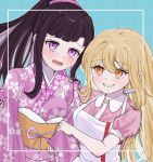  2girls apron black_hair blonde_hair breasts collared_shirt cosplay costume_switch d: danganronpa_(series) danganronpa_2:_goodbye_despair floral_print fuyu_ko green_background grin highres japanese_clothes kimono large_breasts long_hair long_sleeves mole mole_under_eye multiple_girls obi orange_eyes pink_eyes pink_kimono pink_shirt ponytail puffy_short_sleeves puffy_sleeves saionji_hiyoko saionji_hiyoko_(cosplay) sash shirt short_sleeves smile teeth tsumiki_mikan tsumiki_mikan_(cosplay) two-tone_shirt white_apron 