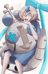  1boy alternate_color aquam0n1ca arrow_(symbol) bedman blue_shirt grey_hair guilty_gear guilty_gear_xrd highres hospital_gown male_focus medium_hair open_mouth round_eyewear screw shirt short_sleeves 