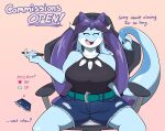  anthro belt belt_buckle big_breasts blue_body bottomwear breasts clothed clothing countershading cutoffs denim denim_clothing digital_media_(artwork) dragon eyes_closed female gaming_chair hair halter_top hi_res horn nepheria_(sspore) non-mammal_breasts pigtails purple_hair scalie shorts simple_background smile solo sspore strip_game tablet_pen tail text torn_clothing wingless_dragon 