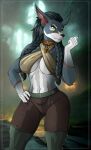  2023 5_fingers anthro big_breasts blizzard_entertainment bottomwear braided_hair breasts brown_bottomwear brown_clothing brown_markings brown_pants brown_topwear canid cleavage clothed clothing collar female fingers fur gem green_clothing green_eyes green_legwear green_thigh_highs grey_body grey_fur grey_hair hair hi_res legwear mammal markings multicolored_body multicolored_fur pants planktonheretic pupils slit_pupils snout solo standing thick_thighs thigh_highs topwear two_tone_body two_tone_fur warcraft were werecanid white_body white_fur willow_greenwick worgen 