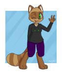 2022 anthro barefoot black_nose bottomwear brown_body brown_fur canid canine clothed clothing digital_media_(artwork) digitigrade feet female fingers fluffy front_view fully_clothed fur green_eyes hi_res hindpaw hoodie humanoid_hands looking_at_viewer mammal moodytail multi_tone_body multi_tone_fur multicolored_body multicolored_fur one_eye_closed pants paws pinup pose raccoon_dog simple_background smile solo standing striped_body striped_fur stripes tan_body tan_fur tanuki toes tongue tongue_out topwear tuft white_body white_fur wink yuki_(side_b) 