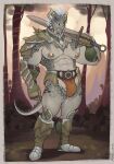  2023 absurd_res anthro argonian armor bethesda_softworks big_pecs biped bracers bulge digital_media_(artwork) greaves green_body green_scales hi_res holding_object holding_sword holding_weapon horn looking_at_viewer male marlon.cores melee_weapon muscular muscular_anthro muscular_male navel nipples non-mammal_navel non-mammal_nipples pauldron pecs scales scalie smile solo sword the_elder_scrolls unconvincing_armor weapon 