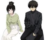  1boy 1girl alternate_costume belt_buckle black_coat black_hair black_pants blush buckle cardigan casual chitanda_eru coat feet_out_of_frame green_cardigan hair_between_eyes hair_bun hand_in_pocket highres hyouka invisible_chair looking_at_viewer mery_(yangmalgage) oreki_houtarou pants purple_eyes sidelocks simple_background single_hair_bun sitting smile white_background white_pants 