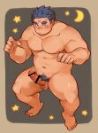  1boy arms_up bar_censor bara barefoot black_hair blush censored closed_mouth completely_nude erection foreskin highres kuro_nezumi_inu male_focus male_pubic_hair nipples nude original pectorals penis pubic_hair red_eyes scar scar_on_face scar_on_forehead staring sweatdrop testicles thick_arms thick_eyebrows thick_thighs thighs translation_request veins veiny_penis 