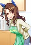  1girl animal_ears apron blurry blurry_background brown_hair cowboy_shot ear_covers green_apron green_sweater horse_ears horse_girl horse_tail indoors king_halo_(umamusume) looking_at_viewer red_eyes seki_(hyokosho) smile solo sweater tail umamusume wavy_hair 