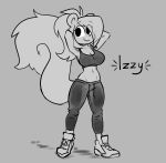  2022 absurd_res american_red_squirrel anthro biped bottomwear breasts buxy character_name clothed clothing digital_drawing_(artwork) digital_media_(artwork) female fur hair hi_res izzy_(buxy) mammal pine_squirrel rodent sciurid simple_background smile solo standing tail text topwear tree_squirrel 