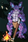  2:3 animated anthro barbarian bottomwear campfire claws clothing fan_character generation_1_pokemon hi_res holding_object leg_muscles loincloth looking_at_viewer low_framerate male manly melee_weapon muscular muscular_male nidoking night nintendo pokemon pokemon_(species) purple_body shirokame short_playtime solo sword tail warrior weapon 