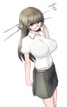  1girl absurdres alternate_costume black_hair blunt_bangs breasts choukai_(kancolle) collared_shirt dress_shirt feet_out_of_frame glasses grey_skirt headgear highres kantai_collection large_breasts long_hair looking_at_viewer maru_(marg0613) pencil_skirt red_eyes shirt simple_background skirt solo standing white_background white_shirt 