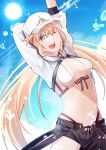  1girl ;d absurdres arm_up artoria_caster_(fate) artoria_caster_(swimsuit)_(fate) artoria_pendragon_(fate) asymmetrical_clothes baseball_cap bikini bikini_under_clothes black_pants blonde_hair breasts cleavage day fate/grand_order fate_(series) hat highres long_hair long_sleeves medium_breasts one_eye_closed outdoors pants shrug_(clothing) single_pantsleg smile solo standing sun sunlight swimsuit twintails very_long_hair white_bikini white_headwear yamano_udumi 