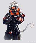  1boy animal_ears bara bodysuit bulge cow_boy cow_ears cow_horns cropped_legs crossed_arms highres horns large_pectorals latex latex_bodysuit looking_at_viewer male_focus muscular muscular_male object_head original pectoral_lift pectorals poten_(tenkuyaki) shiny_clothes short_hair solo 