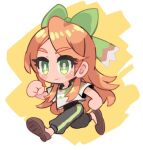  1girl chibi closed_mouth etie_(fire_emblem) fire_emblem fire_emblem_engage full_body green_eyes hair_ornament hair_ribbon long_hair official_alternate_costume orange_hair ribbon running shirt simple_background solo tamatamariso85 