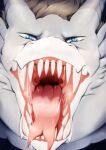  ambiguous_gender blue_eyes blue_pupils bodily_fluids brown_hair dragon forked_tongue front_view fur hair hi_res horn lionfloof looking_at_viewer mouth_shot narrowed_eyes open_mouth pupils red_tongue saliva saliva_string sharp_teeth solo teeth tongue tongue_out white_body white_fur white_horn 