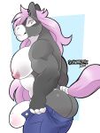  anthro big_bulge bottomwear bulge butt clothed clothing ear_piercing equid equine grey_body hair hi_res horse long_hair male mammal meme muscular muscular_anthro muscular_male nipples pants pecs piercing pink_eyes pink_hair schwarzfox side_view solo tight_pants_(meme) topless underwear 