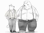  2023 4:3 anthro belly big_belly blush bottomwear canid canine canis clothing domestic_dog duo hi_res kemono male mammal overweight overweight_male pants pommn_mn shirt suspenders topwear 