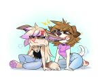  2023 4_fingers 4_toes anthro breasts canid canine canis clothed clothing collar digital_media_(artwork) domestic_dog duo ei-ka eyebrows eyelashes feet female fingers fox fur hair jewelry mammal necklace simple_background toes 