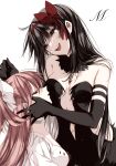  2girls akemi_homura akuma_homura bare_shoulders black_dress black_hair bow choker closed_eyes detached_collar dress fur_collar gloves hair_bow hair_ribbon highres holding_another&#039;s_head kaname_madoka long_hair mahou_shoujo_madoka_magica mahou_shoujo_madoka_magica:_hangyaku_no_monogatari misteor multiple_girls navel pink_hair purple_eyes ribbon teeth ultimate_madoka upper_teeth_only white_background white_dress 