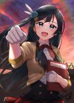  1girl absurdres afterschool_school_idol_(love_live!) bangs black_hair book bright09 commentary feather_hair_ornament feathers fist_bump flower gloves grey_eyes hair_flower hair_ornament highres holding holding_book long_hair looking_at_viewer love_live! love_live!_nijigasaki_high_school_idol_club photo_album sidelocks signature solo sunset upper_body white_gloves yuuki_setsuna_(love_live!) 