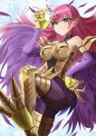  1girl absurdres armor bare_shoulders boobplate breasts claws cyber_slash_harpie_lady duel_monster feathered_wings feathers green_eyes hair_between_eyes harpie_lady harpy highres large_breasts long_hair looking_at_viewer misakura_aoi monster_girl pink_hair pointy_ears purple_feathers purple_wings simple_background solo spiked_armor talons white_background winged_arms wings yu-gi-oh! 