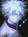  1boy black_background blue_eyes corraboar electricity from_above highres hunter_x_hunter killua_zoldyck looking_at_viewer male_child male_focus nen_(hunter_x_hunter) shirt short_hair simple_background solo upper_body white_hair white_shirt 