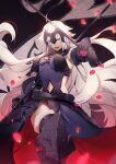  1girl ahoge armor armored_boots armored_dress bare_shoulders black_dress black_thighhighs boots breasts chain clothing_cutout collar dress fate/grand_order fate_(series) faulds flag fur-trimmed_legwear fur_trim gauntlets grey_hair headpiece highres jeanne_d&#039;arc_alter_(avenger)_(fate) jeanne_d&#039;arc_alter_(fate) large_breasts long_hair looking_at_viewer metal_collar navel navel_cutout no-kan open_mouth plackart polearm solo sword thighhighs thighs very_long_hair weapon yellow_eyes 
