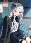  1girl :d black_bow black_jacket black_sailor_collar black_skirt blue_eyes blush borrowed_clothes bow bus_stop commentary_request crossed_arms feet_out_of_frame gakuran grey_hair hair_between_eyes hair_bow hair_intakes highres jacket jacket_on_shoulders long_hair long_sleeves looking_at_viewer on_bench original parted_bangs pentagon_(railgun_ky1206) pleated_skirt sailor_collar school_uniform see-through serafuku shirt sitting skirt sleeves_past_wrists smile solo two_side_up very_long_hair wet wet_clothes wet_shirt white_shirt 