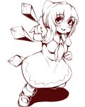  1girl :d blush bow cirno detached_wings dress full_body greyscale hair_bow haseru_(ginku_mh) highres ice ice_wings index_finger_raised looking_at_viewer monochrome open_mouth shoes short_hair simple_background smile touhou wings 